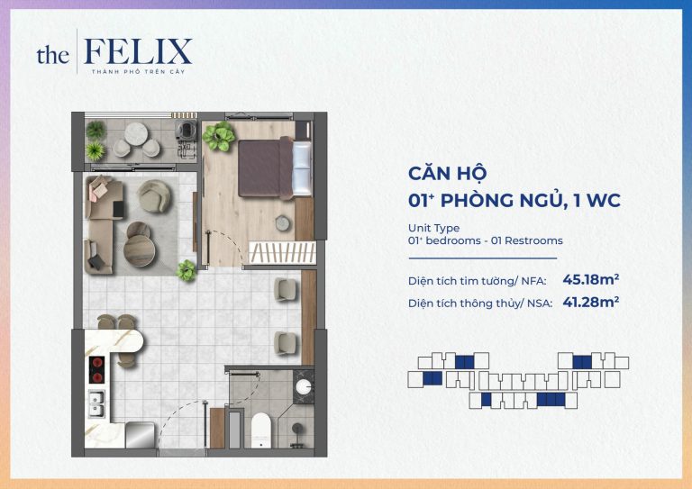 Mặt Bằng 1pn+1wc - 45.18m Dự án The Felix Thuận An