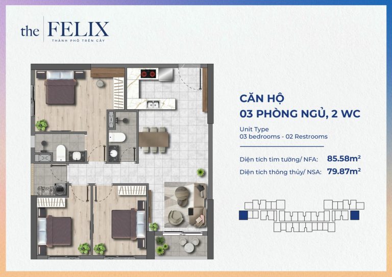 Mặt Bằng 3pn2wc - 85.58m (79.87m) Dự án The Felix Thuận An