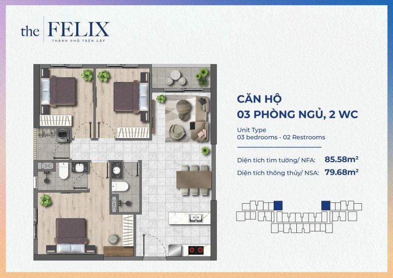 Mặt Bằng 3pn2wc - 85.58m(79.68m) Dự án The Felix Thuận An