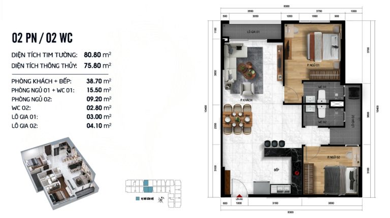 Mặt Bằng Căn Hộ 2pn 2wc 80m2 Dự án Symlife Quốc Lộ 13
